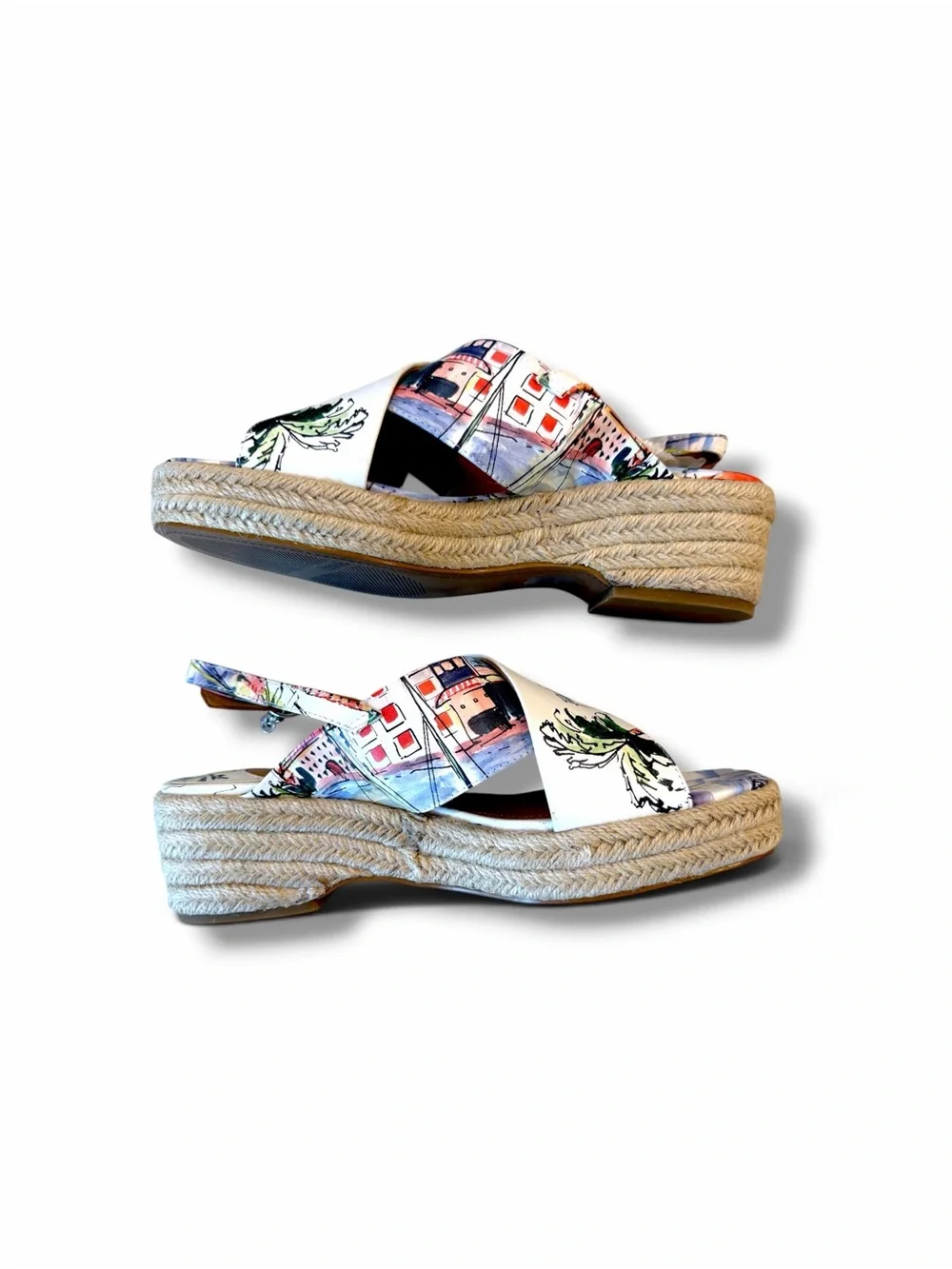 J.Renee White Espadrille Sandals with Multicolor Beach Print